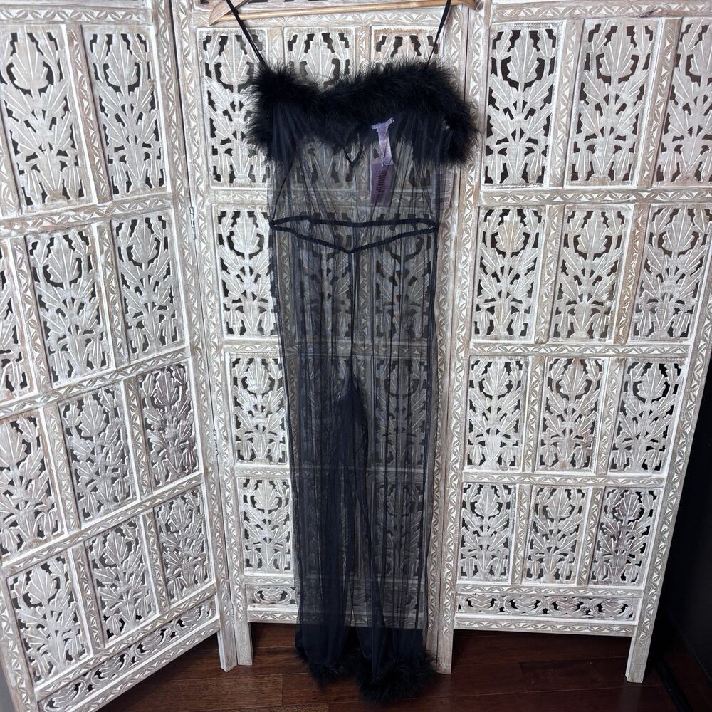 Savage X Fenty Maribou Sheer Black Feather Jumpsuit Glam Hollywood Feminine M/L